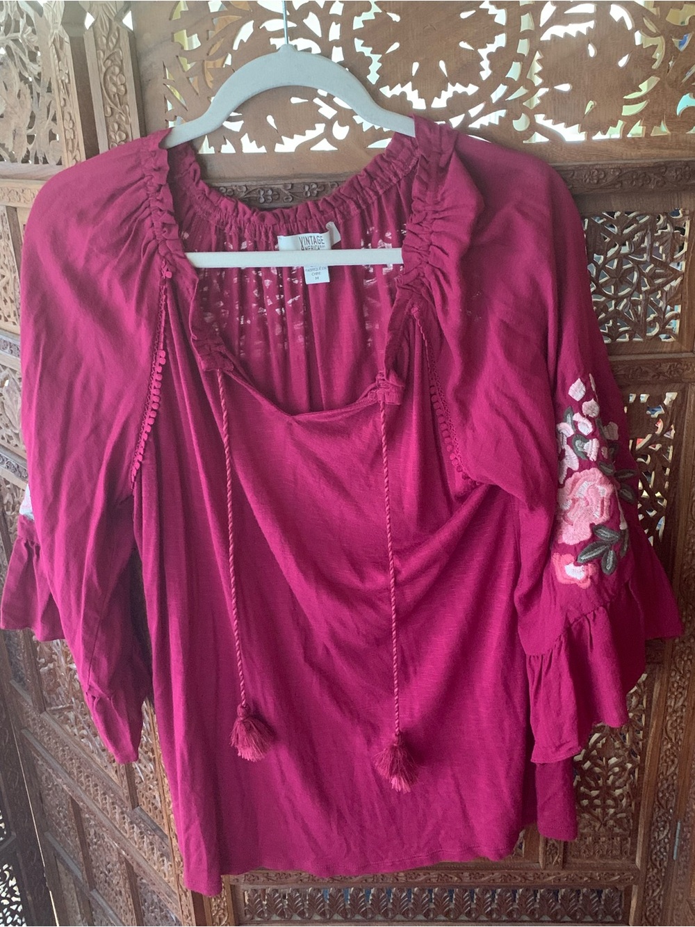 Vintage America Pink Embroidered Peasant Tunic